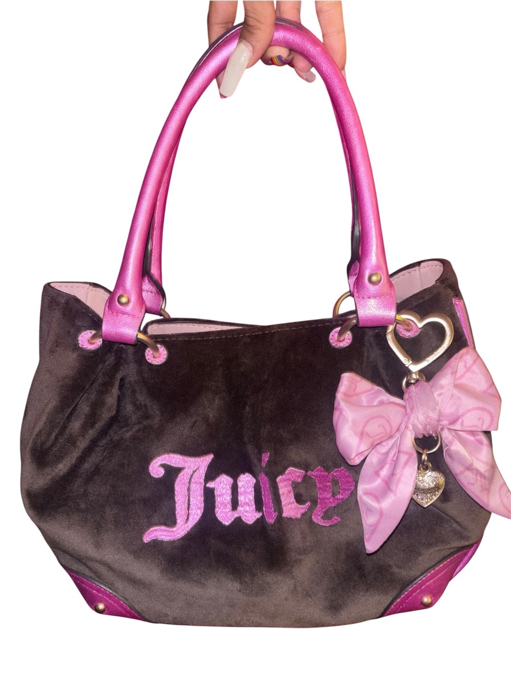 Juicy Couture Brown velour bag with Pink Accents and Bow Charm